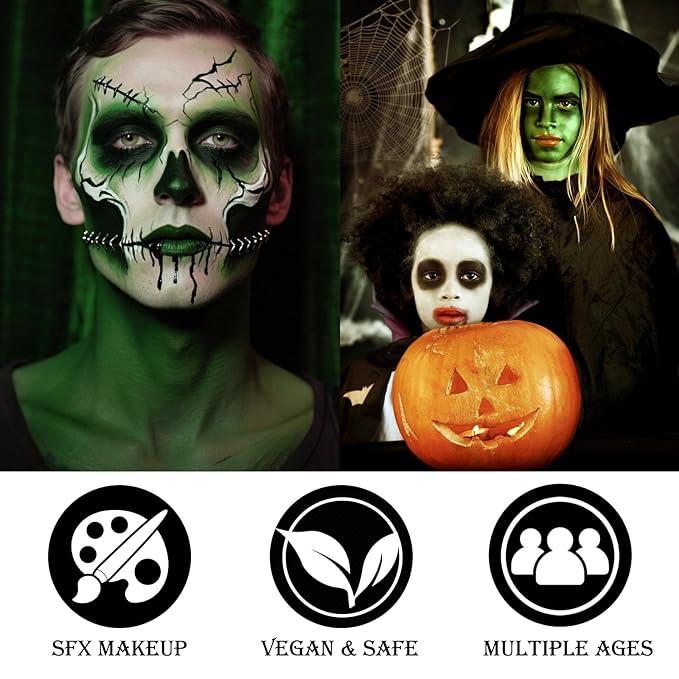 Black White Green Face & Body Paint - Blendable Facepaint Foundation with Sponge & Brush for Skin, Professional Halloween Face Make-up Kit for Grinch Shrek Alien Frankenstein Wicked Witch Costume