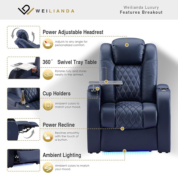 Weilianda Home Theater Seating Top Grain Leather Zero Gravity Recliner Chair Power Headrest Recline Movie Seat Gaming 7 Colors Mood Light Sofa with Tray Table USB Charge Row of 4 Loveseat Left Blue