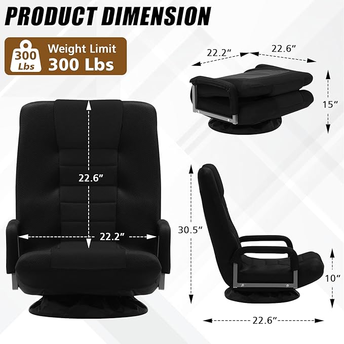 ACIPENSER Swivel Gaming Chair Multipurpose 2PACK Floor Gaming Chair for Playing Video Games, TV, Reading w/Armrest Lumbar Support & 6 Adjustable Postion Backrest for Adults & Kids, Black