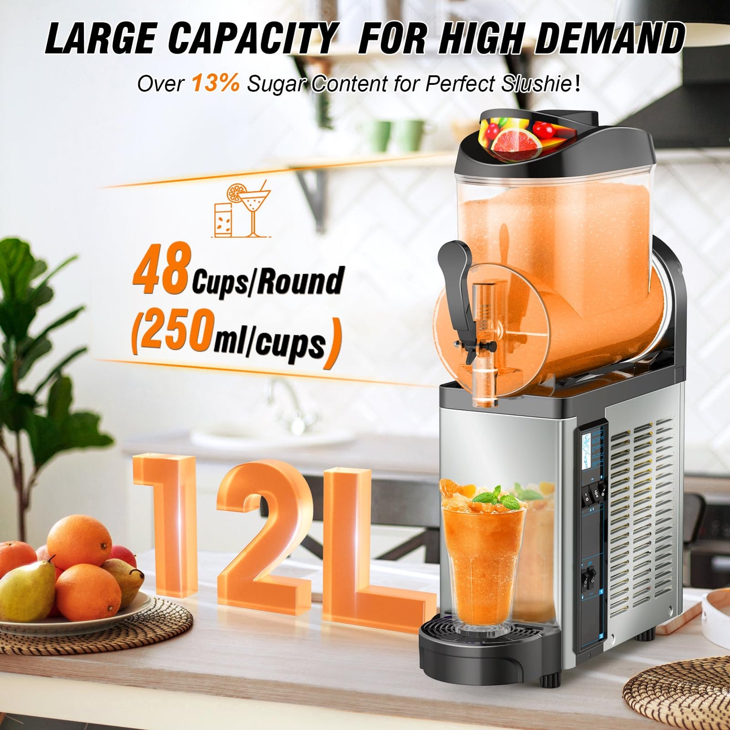 12L Commercial Slush Machine - Stainless Steel Slushie maker Frozen Drink Machine Commerical for Smoothies, Margaritas, Cocktails, Juices & Alcohol Beverages - Ideal for Bars, Cafés & Restaurants