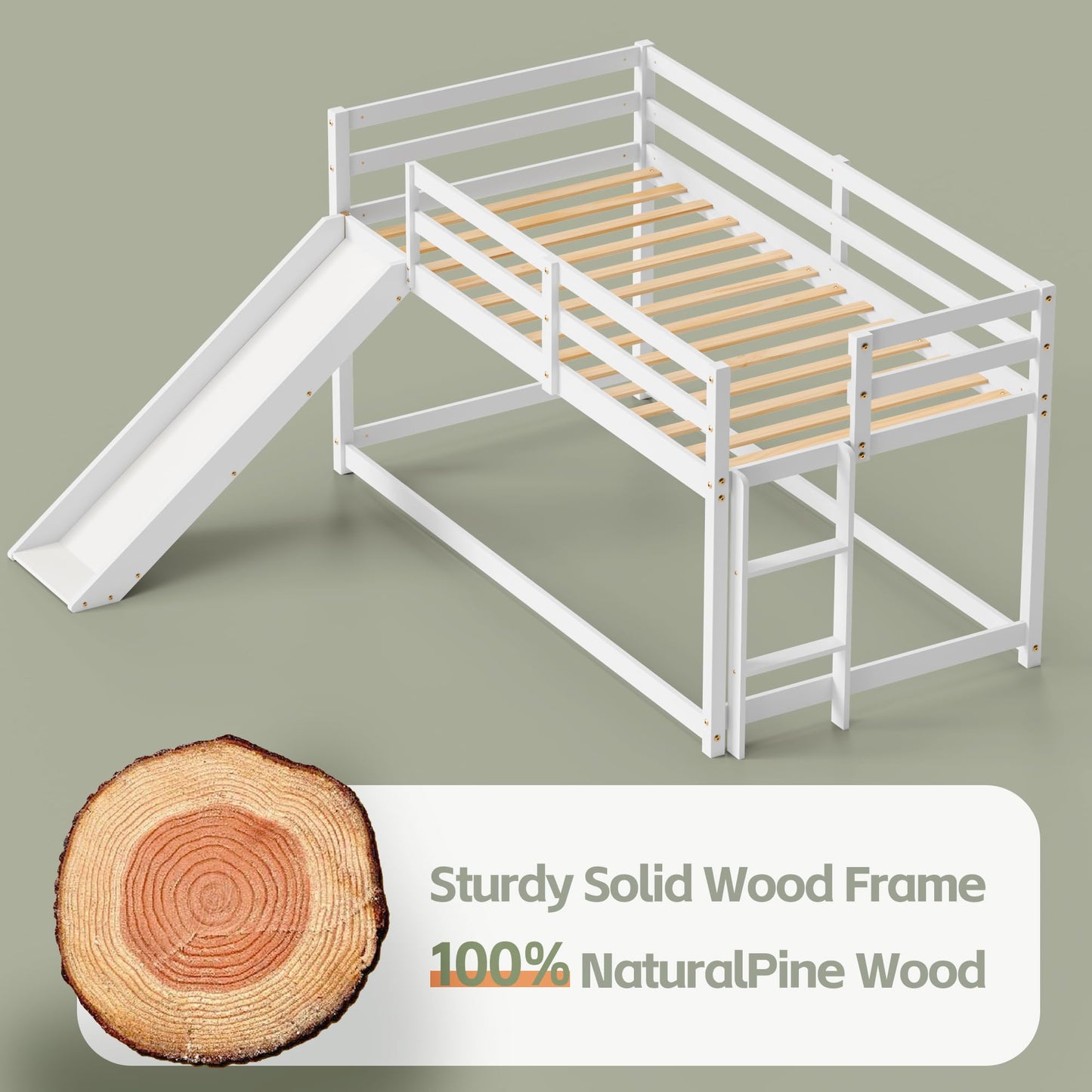 OLEAD Low Bunk Bed with Slide, Floor Loft Bed with Climbing Ladder, Wood Twin Bunk Bed Frame with Full Guardrails & Storage Space for Kids Toddler