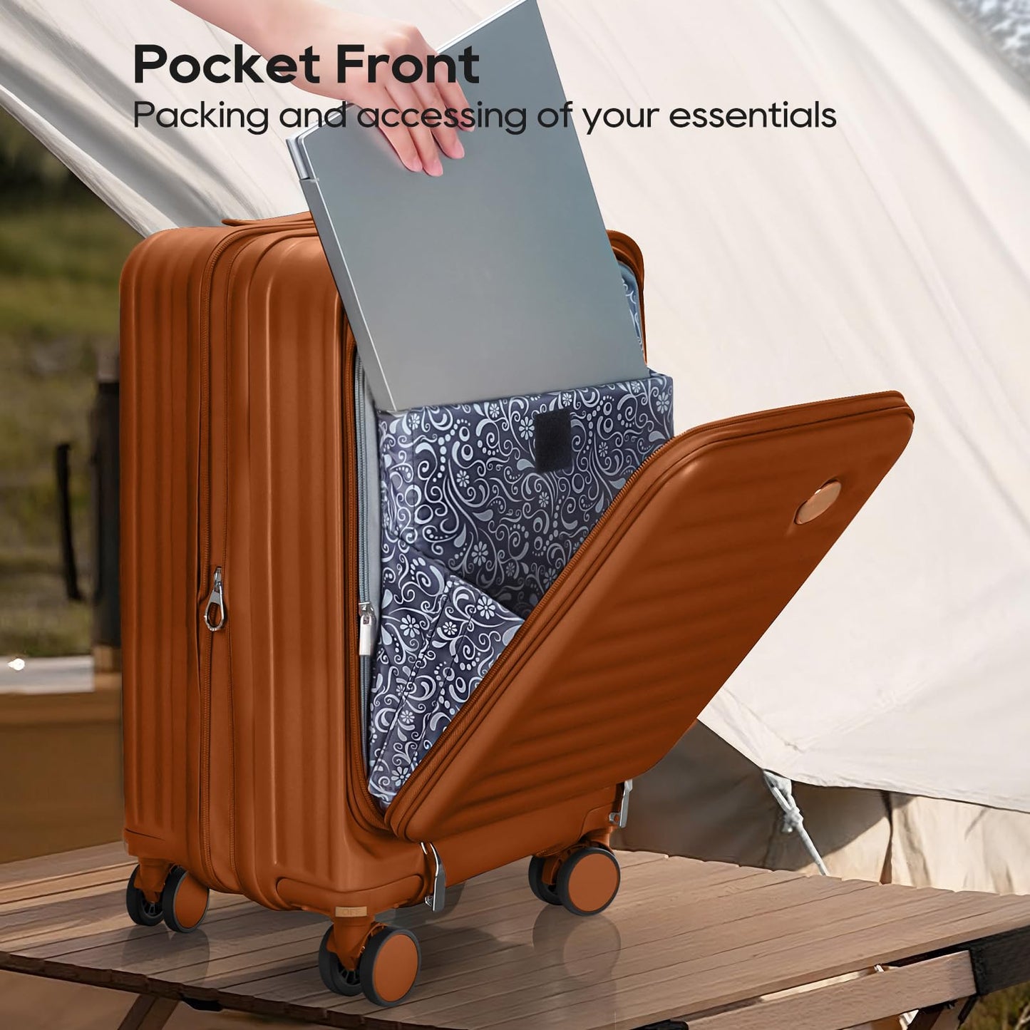 Joyway Luggage Sets 5 Piece with Front Pocket, Expandable Top Opening Suitcase Set, PC Hardside Carry on Suitcase with Spinner Wheels and TSA Lock (Coffee)
