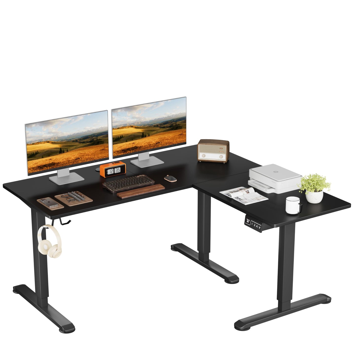 Shahoo L-Shaped Electric Standing Desk, 63 x 48 Inches Height Adjustable Coner Table, Home Office Computer Workstation, Black, 63 x 48 Inch