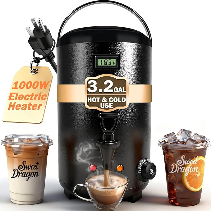 Electric Insulated Beverage Dispenser With Heating – 75 Cup Hot & Cold Drink Water Urn with Spigot – 12 L / 3.2 Gallon Sta...