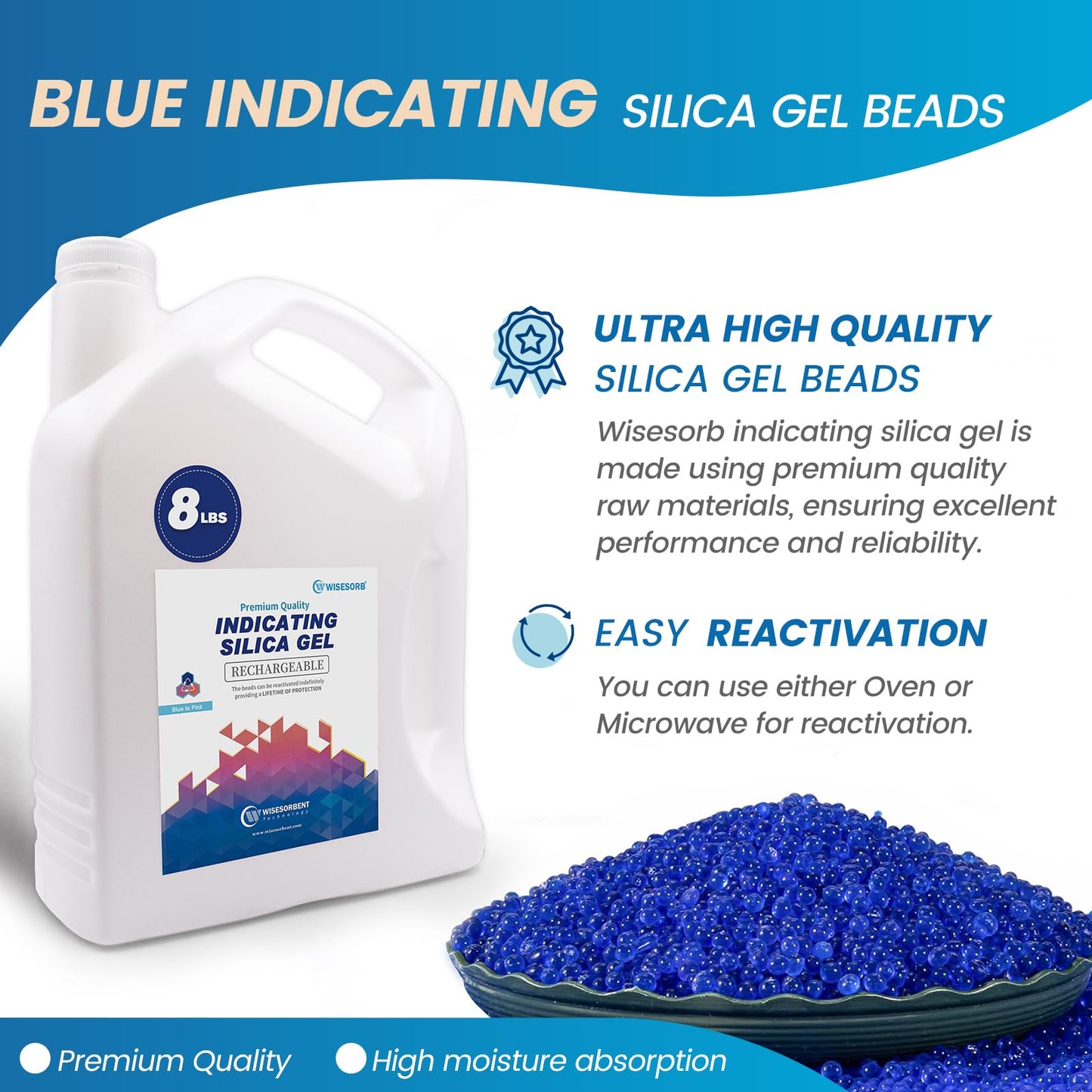 Wisesorb [Net Weight 8LBS] Blue Indicating Silica Gel Beads Desiccants - Rechargeable Desiccant Beads Silica Beads (Blue to Pink, 1 Pack of 8LBS)