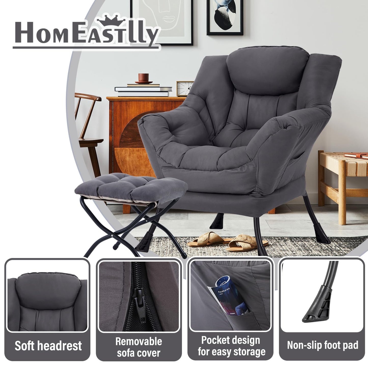 HomEastlly Lazy Chair with Ottoman, Reading Armchair with Armrests and Footrest, Large Modern Lounge Accent Chair with Ottoman, Leisure Sofa Chair for Living Room, Bedroom, Dorm Room (Dark Grey)