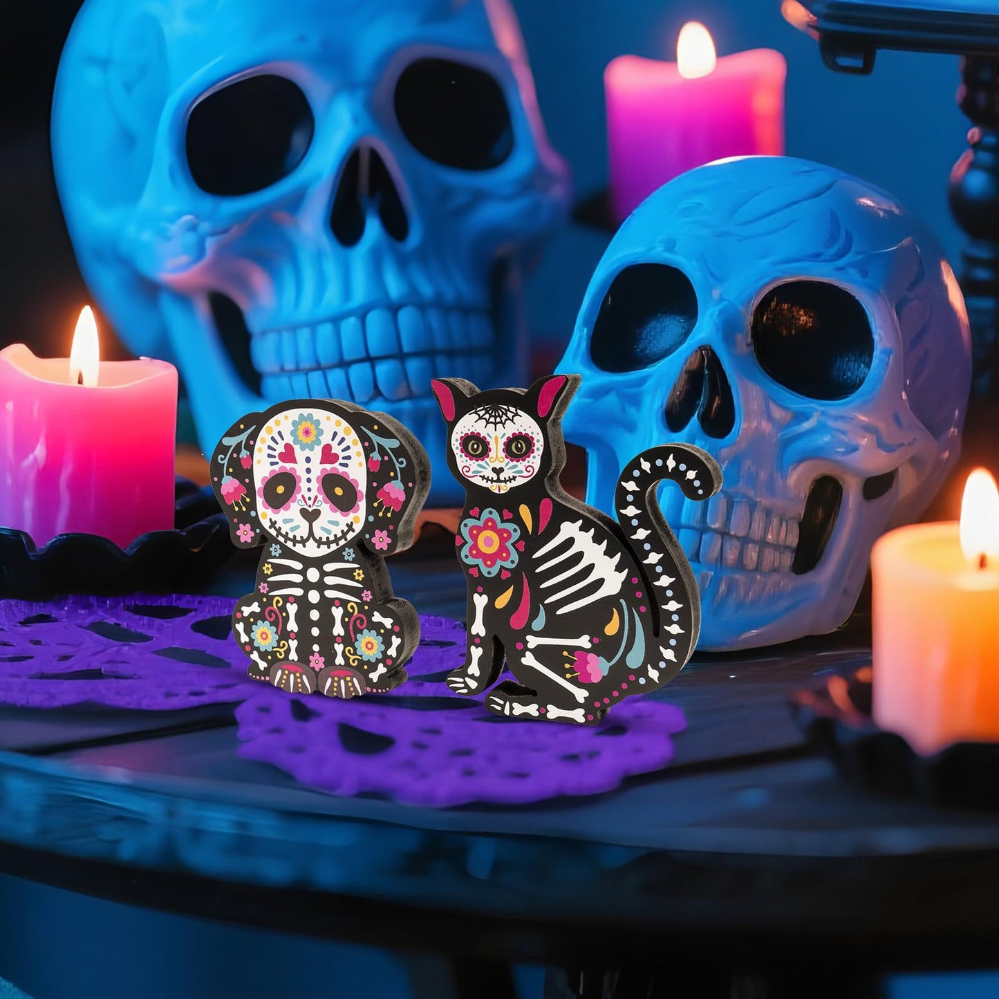 flangairy Wooden Day of The Dead Dog Cat Figurine, 2 Piece Dia De Los Muertos Ofrenda Altar Sugar Skulls Altar Table Decorations, Mexican Halloween Indoor Tiered Tray Shelf Tabletop Decor for Home