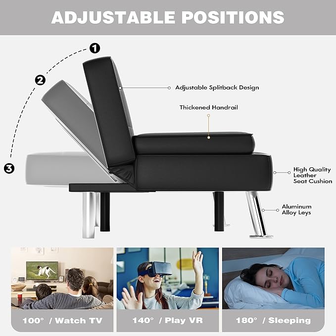 JUMMICO Faux Leather Futon Sofa Bed Futon Couch with Removable Armrests Adjustable Sleeper Sofa Bed with 2 Cup Holders for Living Room (PU Leather, Black)
