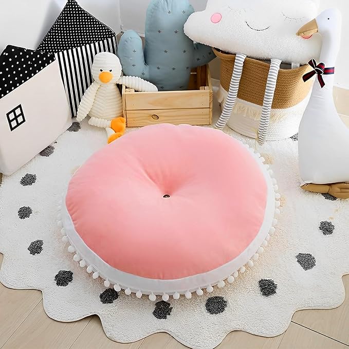 Kishome Large Floor Pillow Kids Round Floor Cushion Seating, 35 inches Big Circle Pillow, Round Pillows Seating for Children, Oversized Mat for Reading Nook Teepee Playroom Nursery Canopy Pink