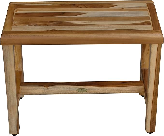 EcoDecors Eleganto 24 Inch Natural Color Waterproof Teak Wood Shower Bench Stool Seat Chair For Inside Shower Provides Safety, Storage, and Organization For Bathroom Accessories