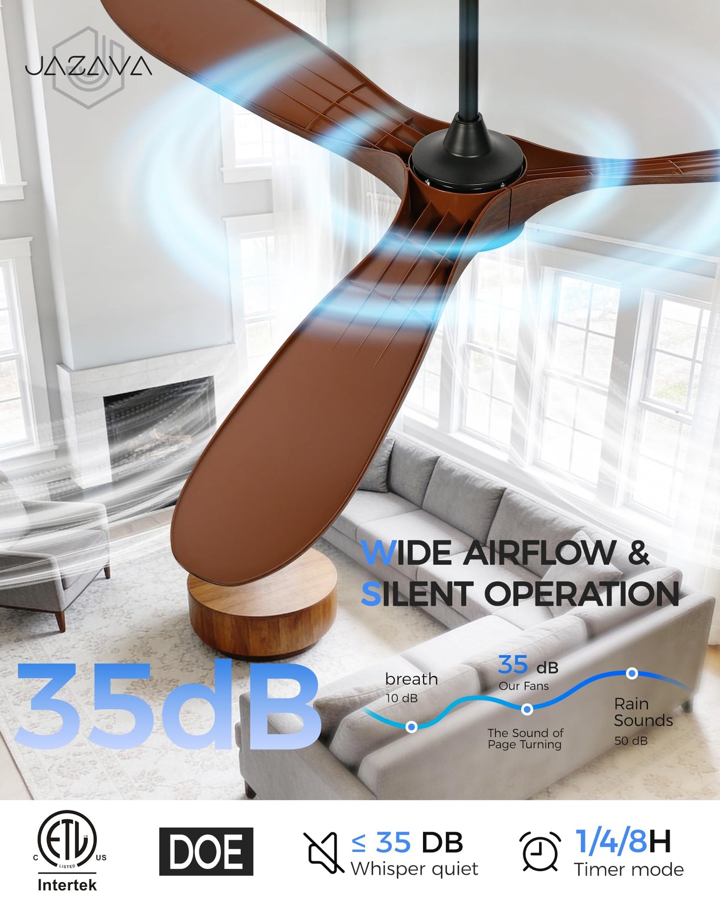 JAZAVA 70 Inch Modern ABS Ceiling Fan with Lights and Remote, DC Motor Large Ceiling Fan, 3CCT Dimmable LED Indoor Outdoor Ceiling Fan for Living Room, Patio & Covered Porch, ZCCF08WD-70