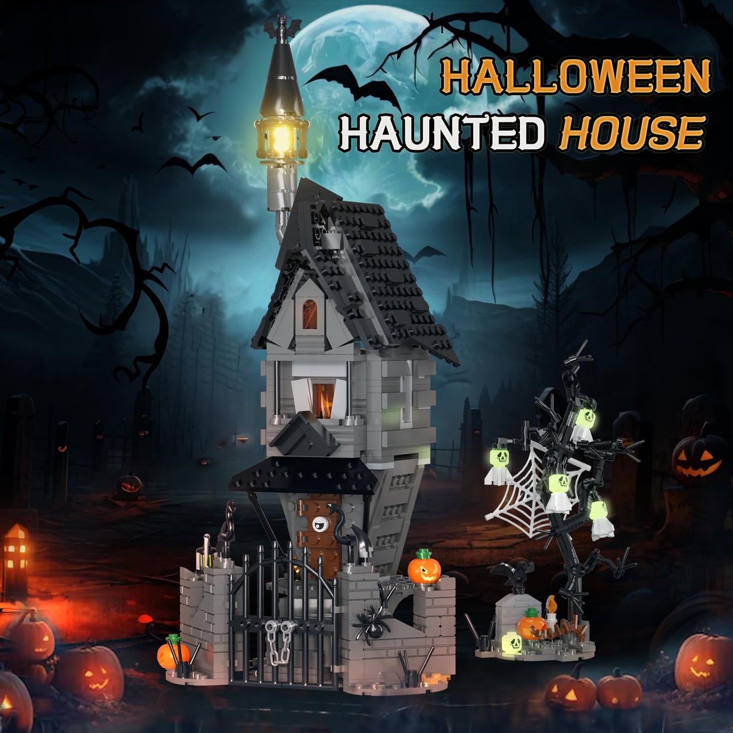 Tweandar Halloween Haunted Mansion Building Set,Before Xmas Haunted House Building Blocks Set with Light, Glow-in-The-Dark Pumpkins and Skeleton Ghosts, Halloween Toys Gifts for Adults & Kids