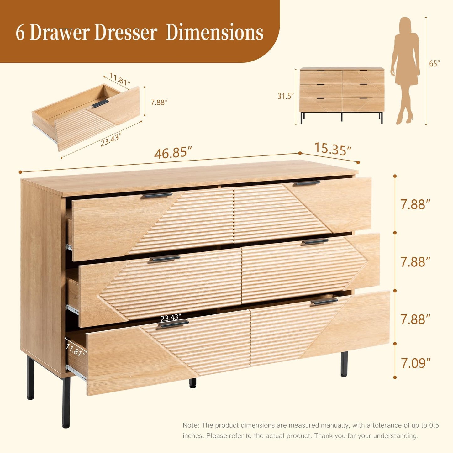 VDNEND Dresser for Bedroom with 6 Drawer, Farmhouse Wood Dresser Storage Drawers, Espresso Long Double Fluted Dressers, Closet Organizers TV Stand for Living Room,Hallway (1, Natural Oak)
