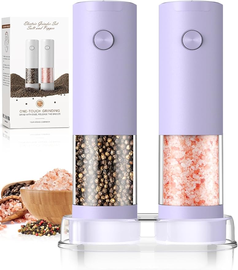 Salt and Pepper Grinder Set Christmas Gifts for Women Automatic Battery Purple Pepper Mill Shakers Kitchen Accessories Cooking for Mom, Adjustable Coarseness Salt Pepper Shakers White Elephant Gift