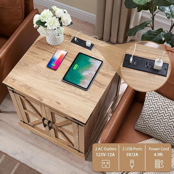 Barnyatoh Farmhouse Boho End Table with Charging Station, 24" Large Side Table with Rattan Barn Door, Rustic Wood Square Nightstand Bedside Table with Storage for Living Room, Bedroom, Natural