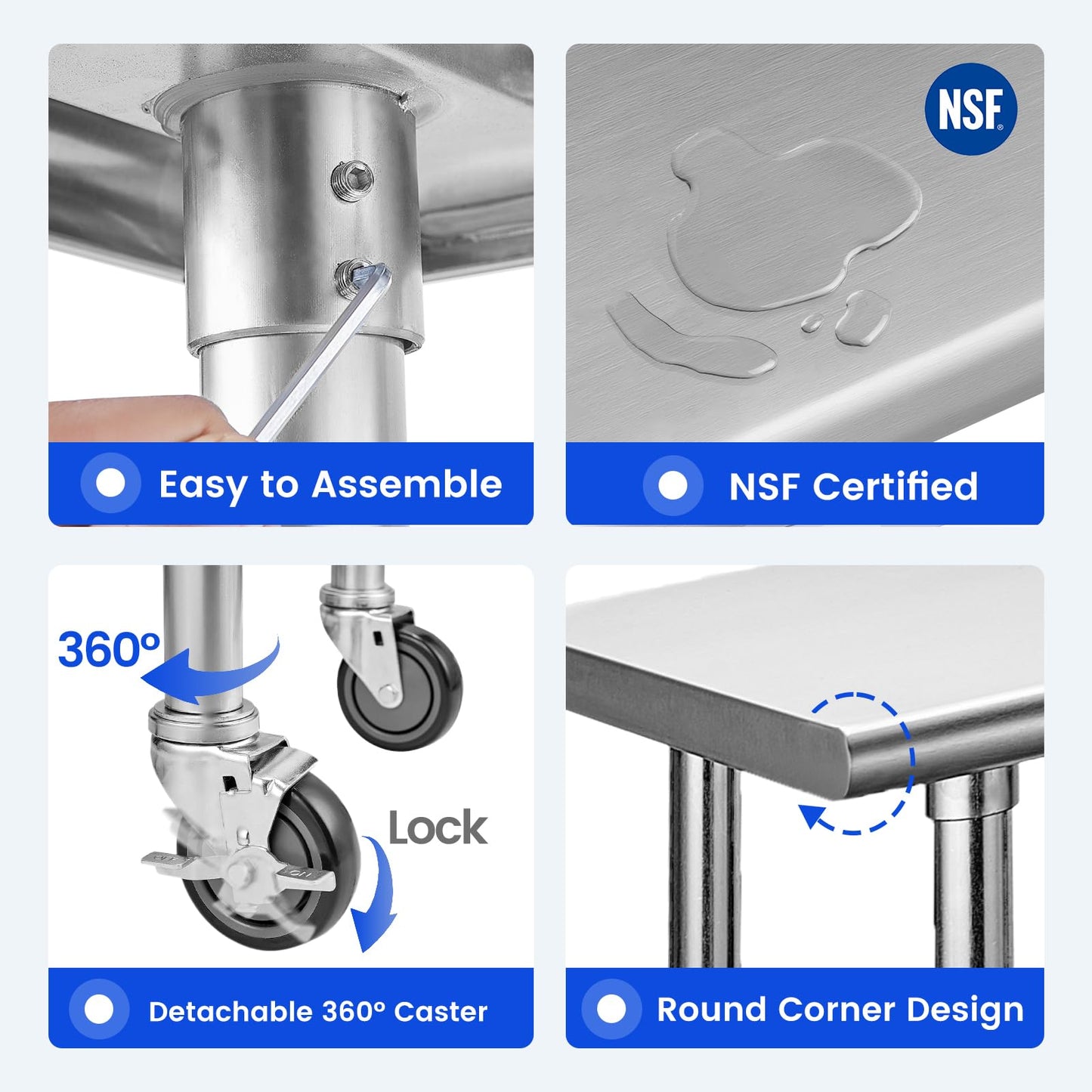 Hally Stainless Steel Table for Prep & Work 30 x 60 Inches with Caster Wheels, NSF Commercial Heavy Duty Table with Undershelf and Galvanized Legs for Restaurant, Home and Hotel