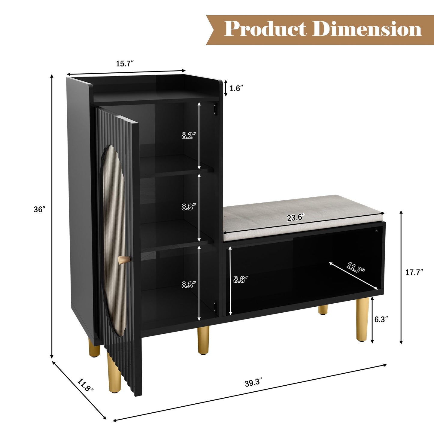 HLR Storage Bench with Glass Door&Shelf, Modern Entryway Shoe Cabinet Bench with Padded Seat, L-Shaped Storage Cabinet for Hallway, Bedroom, Living Room, Office, Black