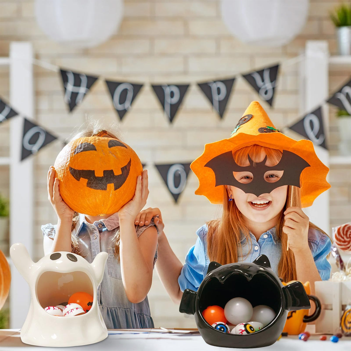 Jremreo 2 Pack Halloween Candy Bowls, 4 Inch Ceramic Ghost and 6.3 Inch Bat Holders, Trick or Treat Dish Candle Holder for Tiered Tray, Ornament Tableware Centerpieces, Gifts and Party Decorations