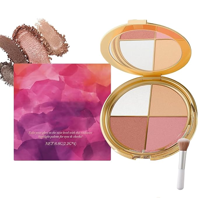 Eye & Cheek Palette - Eyeshadow and Highlighter Makeup (with Detachable Brush), Makeup Palettes Contour Kit, Shimmer Glow Face Highlighter Palette for Women Face, Natural Glow Contour Powder ((1pcs))