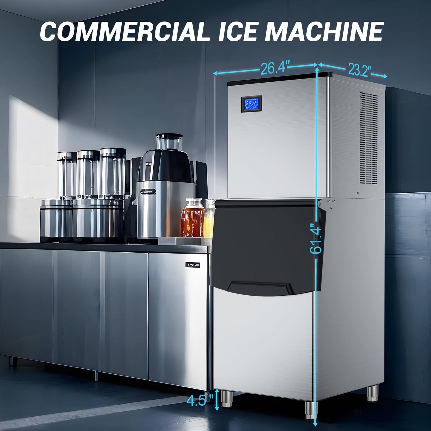 Ice Maker Commercial Ice Machine Large Capacity Stainless Steel 450 Lbs/24H Industrial Ice Machine, 350 Lbs Storage Commercial Ice Machines Free Standing, Cubes Ice Makers Commercial