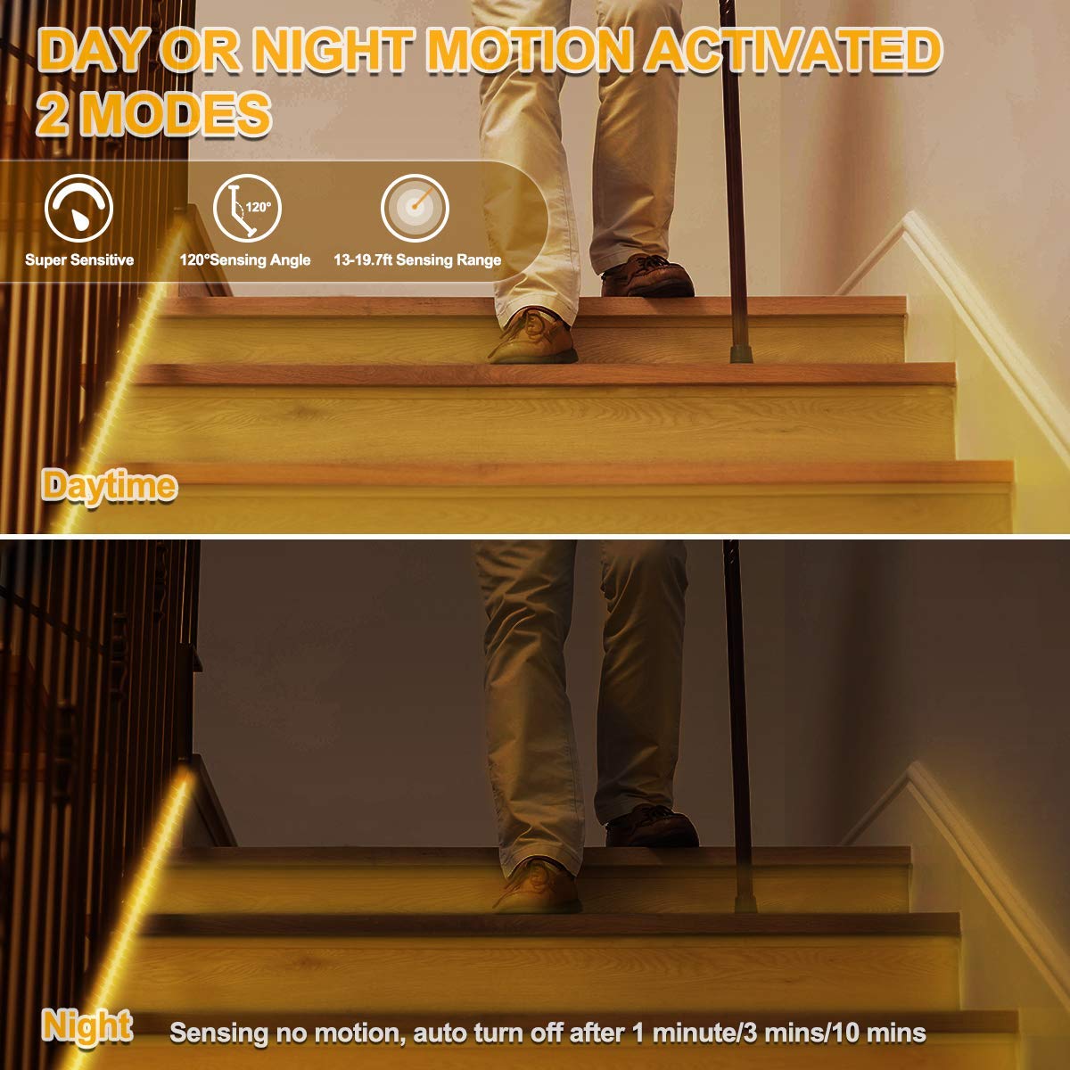 MY BEAUTY LIGHT Motion Activated LED Strip Lights, 65.6ft LED Light Strip with Day or Night 2 Lighting Modes,3 Timing Off Modes,Warm White 24v Plug-in LED Rope Lights for Under Cabinet,Kitchen,Stair