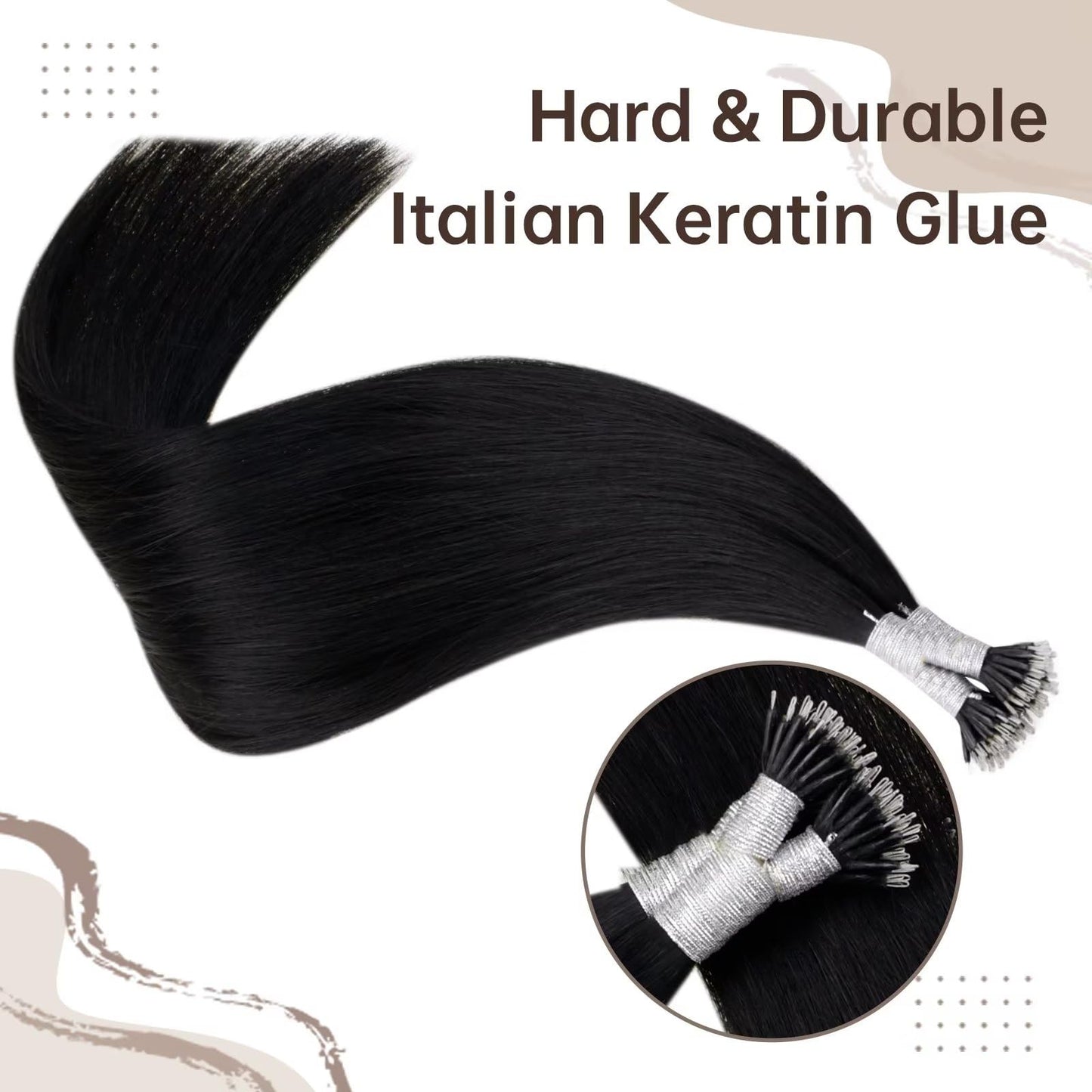 Easyouth Nanos Bead Hair Extensions Human Hair Natural Black Nano Extensions Keratin Hair Jet Black Nano Ring Hair Extension No-