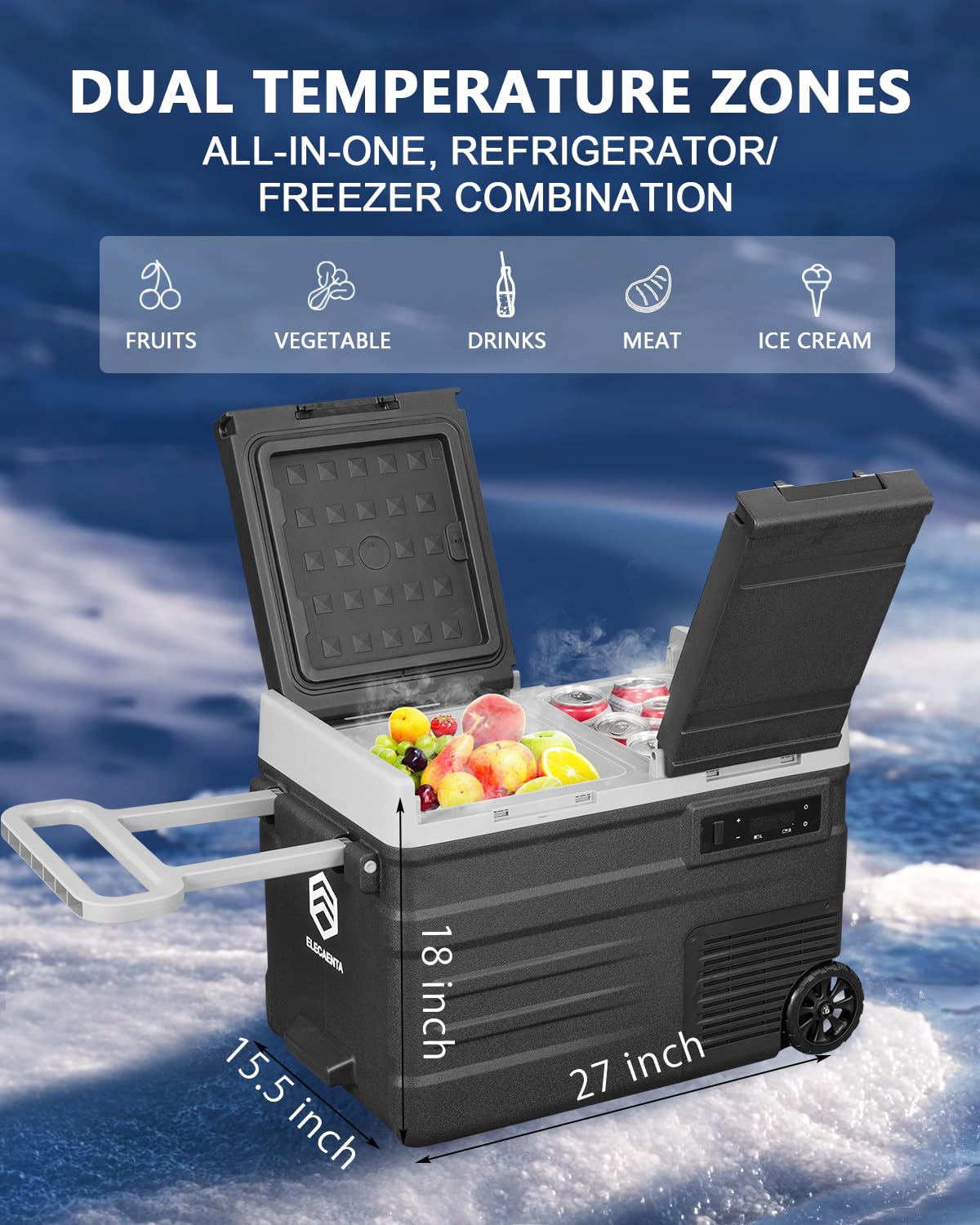 ELECAENTA 12V Refrigerator, 43qt Dual Zone, Support DC/AC/Solar/Battery Powered (Battery Optional), Portable Car Fridge Freezer -4℉~68℉, Electric Cooler for Vehicles Camping Travel Fishing Road Trips