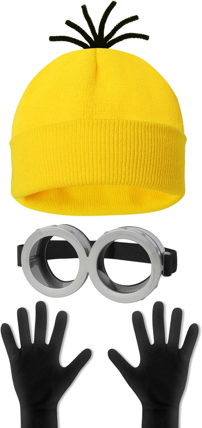HEYFIZZ 3 Pcs Halloween Costume Accessories Adult,Goggles Glasses/Yellow Beanie/Gloves for Men Women Cosplay Party Set