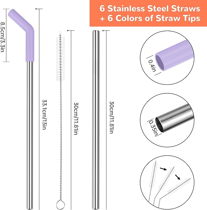 Tomorotec 6PCS Silicone Tip Stainless Steel Straws for 40oz Stanley Tumblers with 2 Cleaning Brushes, 13" Long BPA-Free Healthy & Safe for Outdoor & Home Use, Enhances Drink Enjoyment (Macaron Colors)