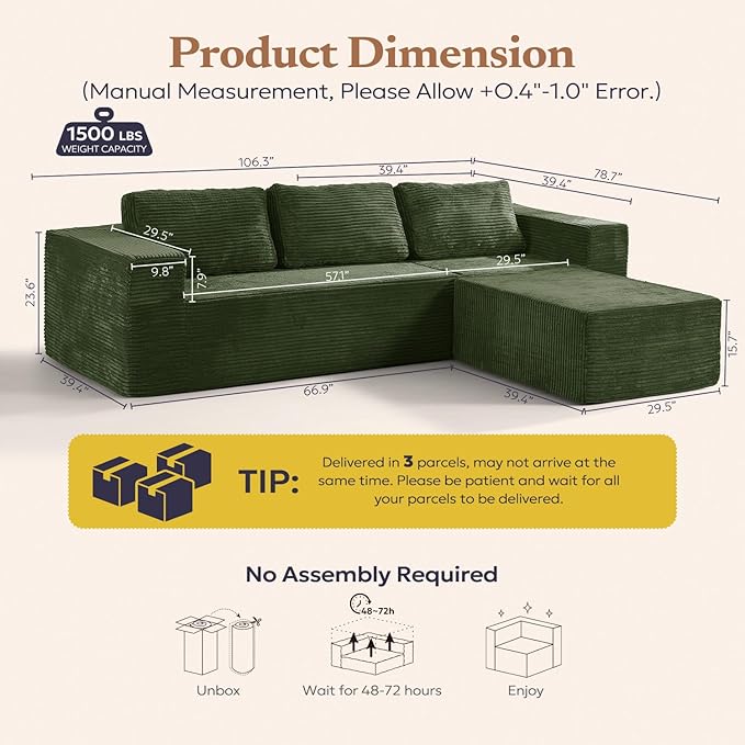 Furnify 106" Modular Sectional Sofa with L-Shape Chaise, Right/Left Facing Deep Seat Cloud Couch, No Assembly Required, Upholstered Couch for Living Room Bedroom (Plush Corduroy Fabric, Green)