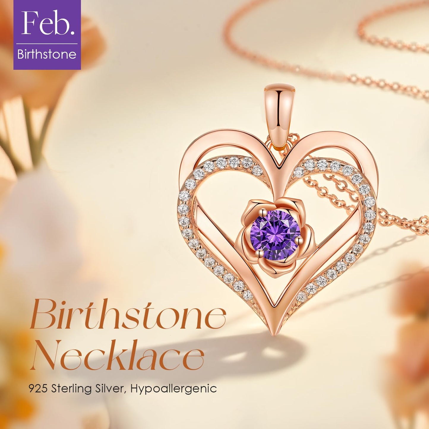 CDE Rose Flower Love Heart Birthstone Necklaces for Women 925 Sterling Silver Rose Gold Jewelry for Wife Girlfriend Mom Daughter Lady Her for Anniversary Birthday Christmas Gift (Rose Gold-02-Feb.)