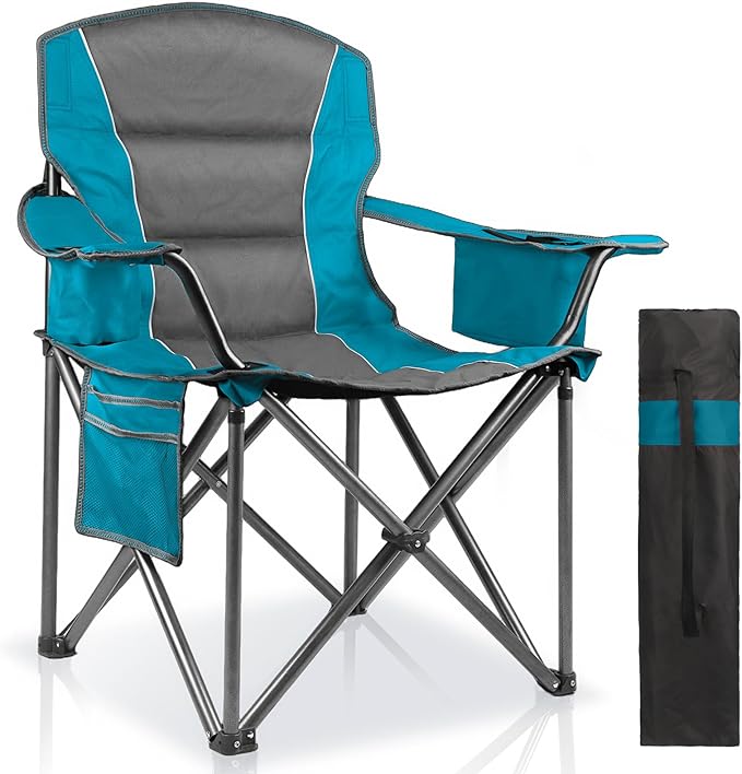LANMOUNTAIN Oversized Padded Camping Chairs for Adults,Heavy Duty Support 400 Lbs,Folding Portable Lawn Chair w/Cup Holder,Cooler Bag,Side Pocket,Perfect for Outdoor Picnic,Hiking(Blue)