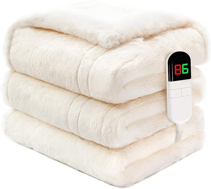 Premium Heated Throw Blanket 50"×60" - Ultra Cosy Soft Electric Blanket with 8 Heating Levels,Plush Fast Heating Faux Rabbit Fur Blanket for Bed & Couch - Auto Shut Off,Machine Washable (Beige)