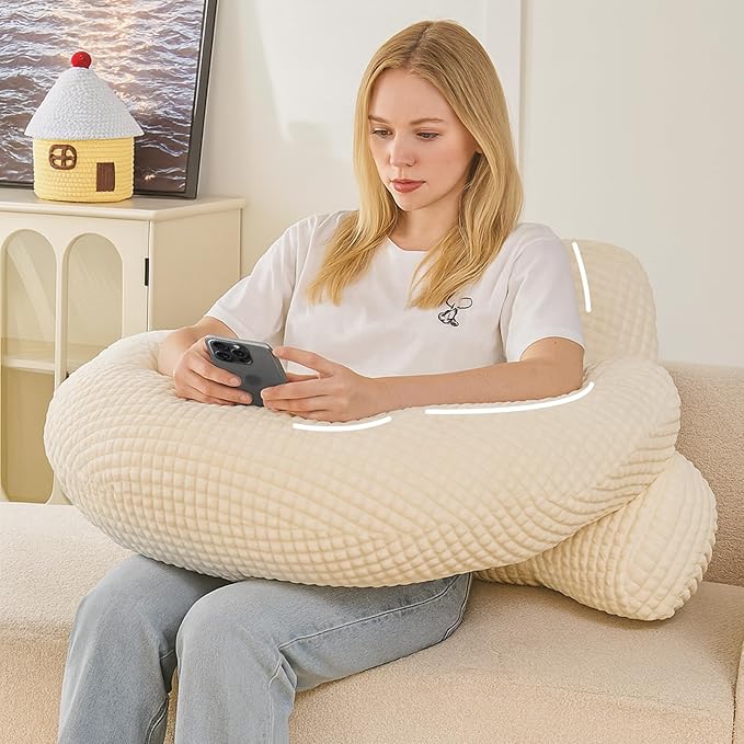 PAJEO Reading Pillow for Bed,U Shaped & Back Support Pillow for Bed,19" Backrest with Lumbar & Arm Support,Comfy Flannel Fabric,Lap Pillow for Gaming/Reading/Watching TV,White