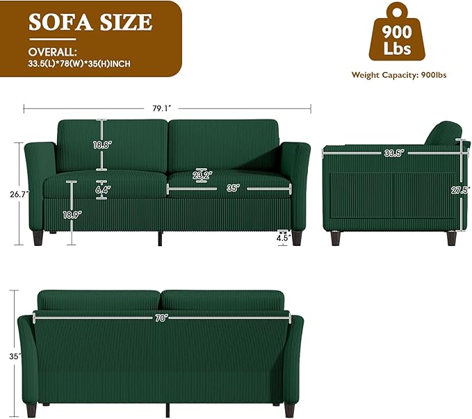 Valthie 79.1" Corduroy Loveseat Sofa, Modern Comfy Couches with Side Pocket, 3-Seater Sofa Couch for Living Room, Bedroom and Small Spaces,Green