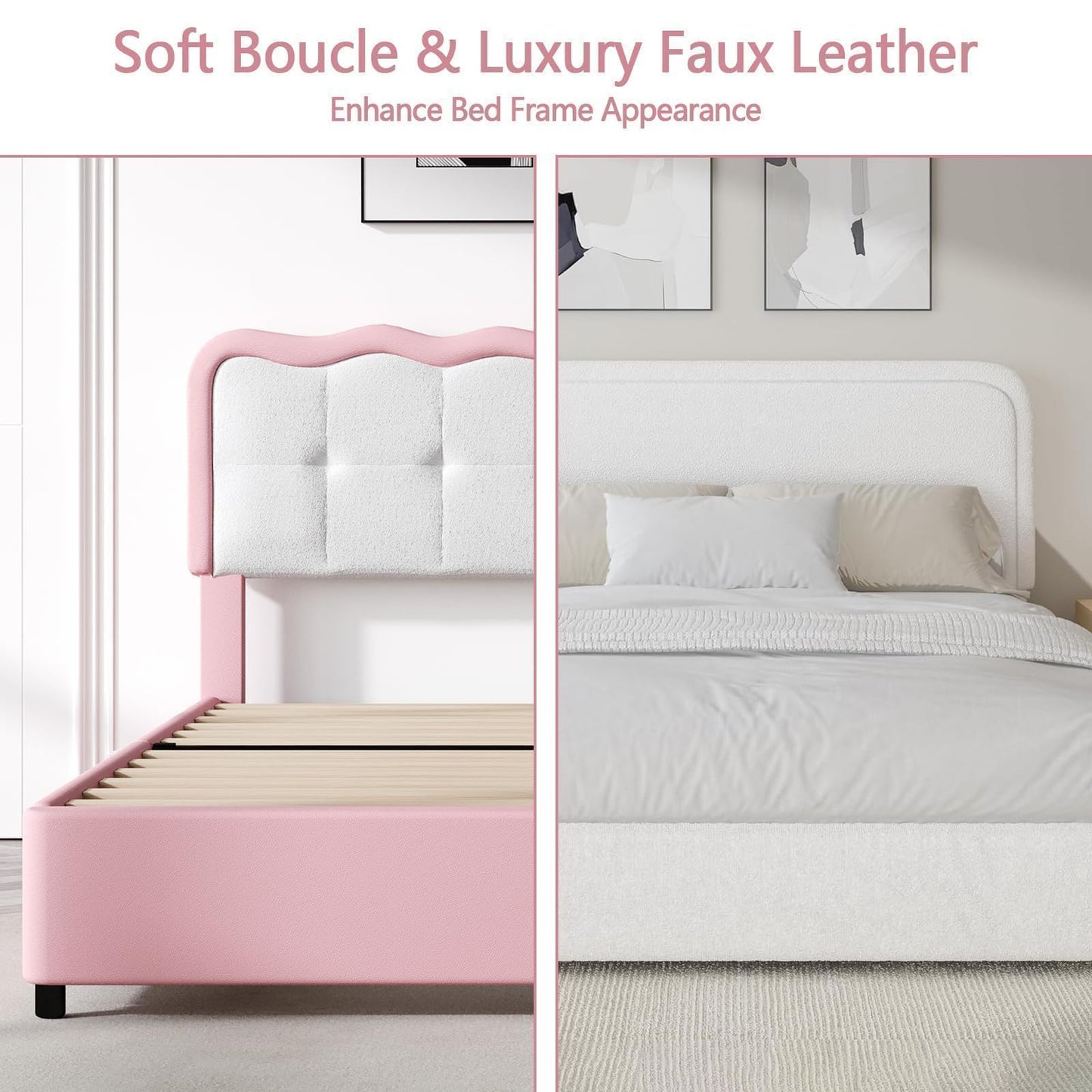 Twin Bed Frame, Upholstered Platform Bed with Cloud Headboard, Anti-Collision Soft Rounded Corners, No Box Spring Required, Easy Assembly, Pink