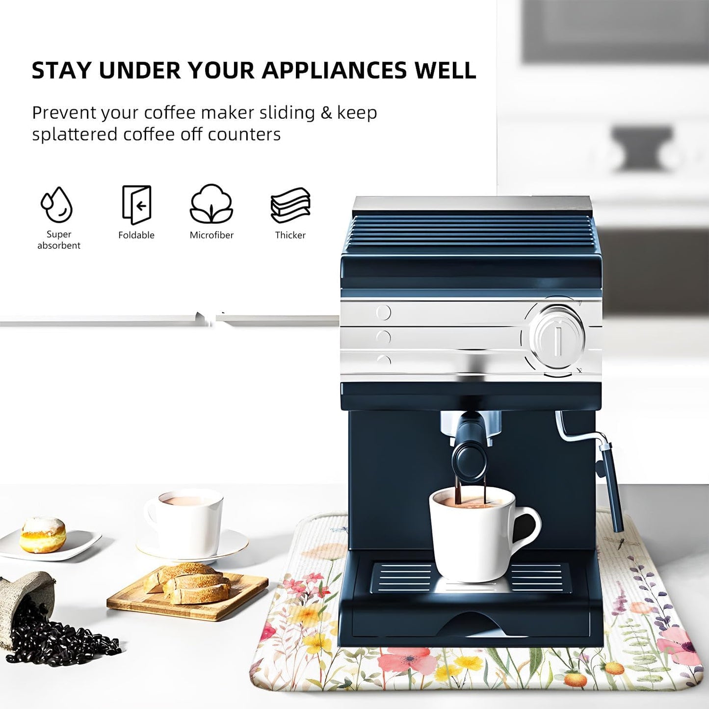 Blue Floral Spring Large Dish Drying Mat for Kitchen Counter 18x24 Microfiber Absorbent - Foldable, Non-Slip, Compact Kitchen XL Drying Mats for Dishes, Countertops, and Cookware