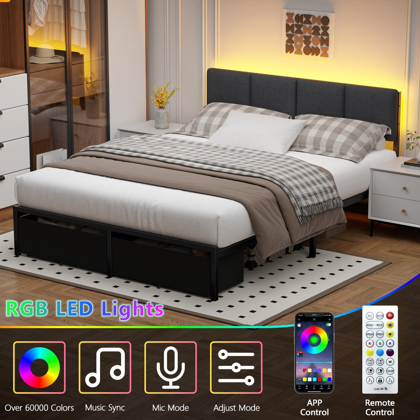 Furnulem Queen Bed Frame with Headboard,Platform Bed Frame Queen Size with 2 Storage Drawer, Upholstered Bedframe with Charger Station and LED Lights