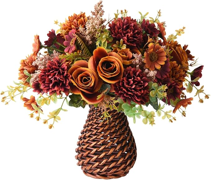 Artificial Faux Flowers in Vase, Fake Silk Floral Arrangements Rose Bouquets with Handmade Rattan Vase, Farmhouse Table De...