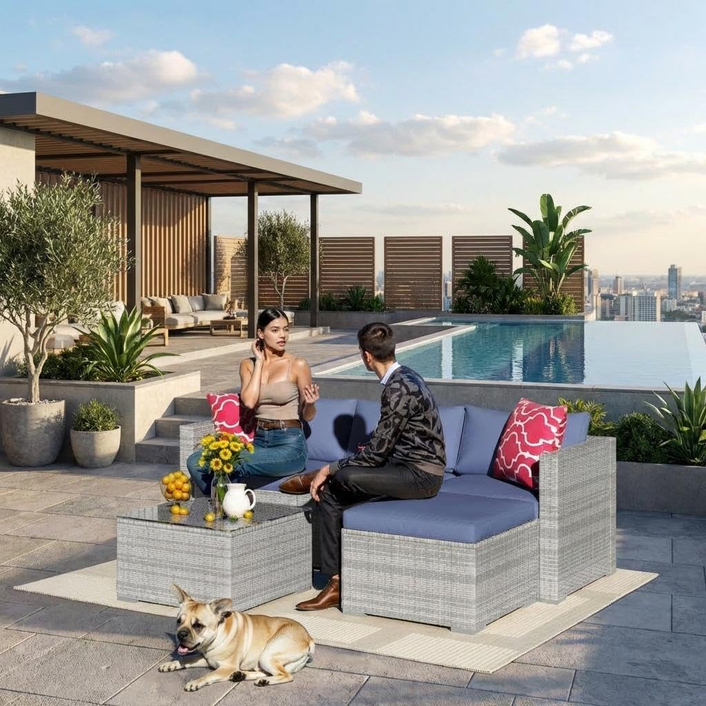 5-Piece Outdoor Sectional Sofa Set, Outdoor Patio Set Sectional Sofa, All-Weather PE Rattan Patio Furniture with Ottoman & Tempered Glass Table for Garden, Backyard, Porch, Poolside (Brown/Blue)
