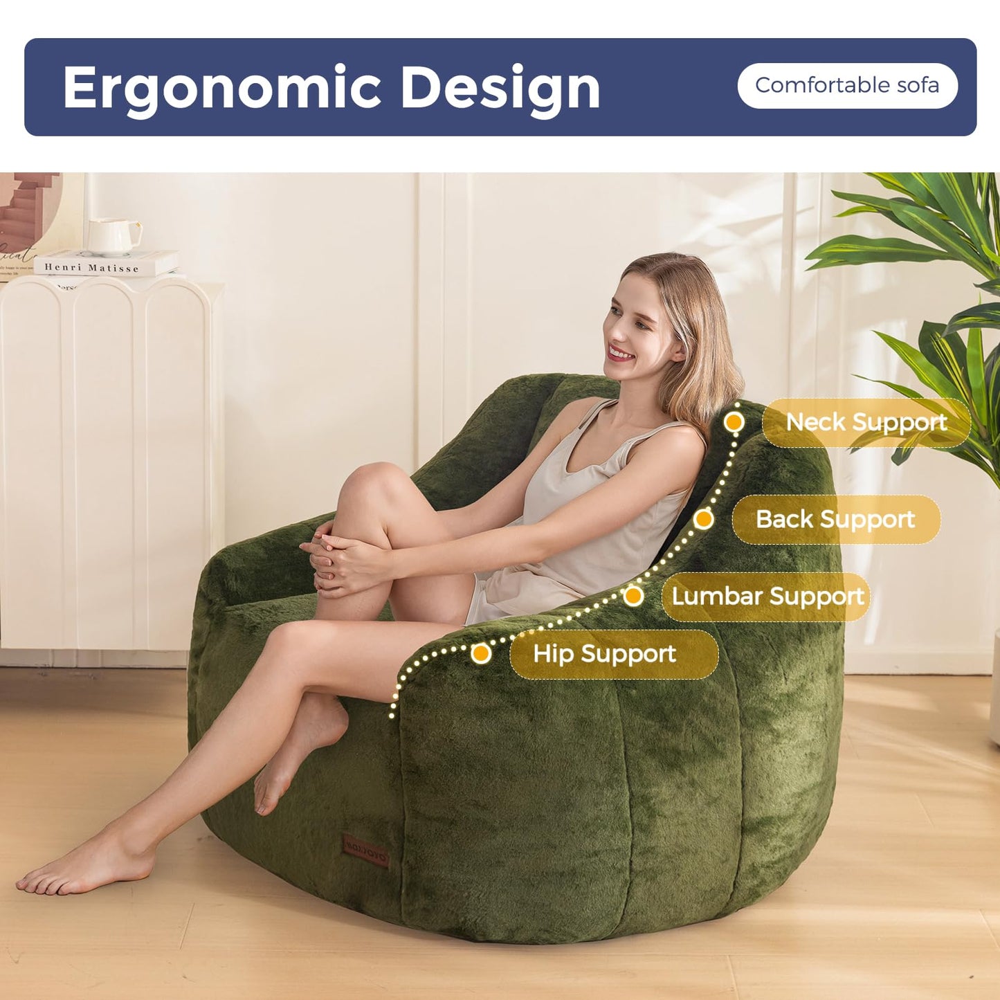 MAXYOYO Bean Bag Chair, Comfy Bean Bag Sofa with Back Support, Faux Fur Bean Bag Chair for Adults and Kids, Stuffed Floor Sofa for Living Room, Bedroom, Apartment, Green