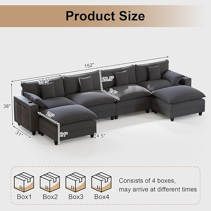 KCGKCG 152" Modular Sectional Sofa, U Shaped Cloud Couch with Movable Ottoman, Chenille Deep Seat Cloud Sofa with Charging Station, Cup Holder, Side Pocket, Sectional Couches for Living Room, Grey