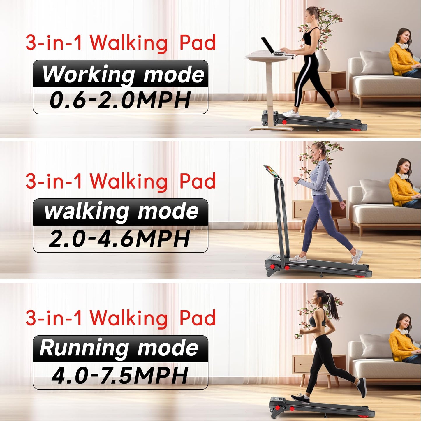 Joxir Walking Pad Treadmill with Incline, 7.5MPH Under Desk Treadmill for Home Office, 360 Lbs Capacity Portable Treadmills with Remote Control, Led Display