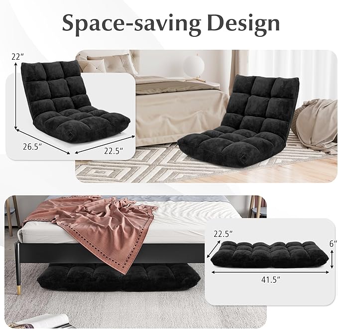 Folding Floor Chair w/Back Support, 14-Position Adjustable Lazy Sofa Chair w/Coral Velvet Fabric & Alloy Steel Frame, Portable Meditation Chair for Reading, Gaming,Sleeping (Black)
