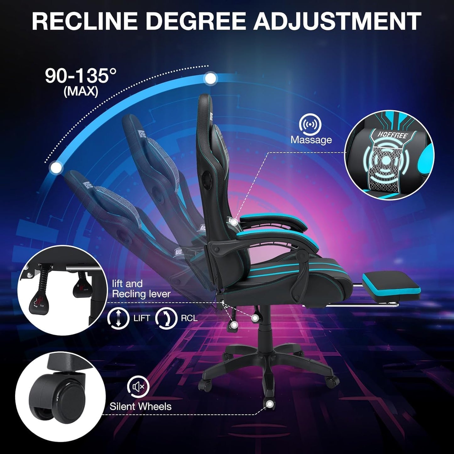 HOFFREE LED Gaming Chair with Speakers Massage Big and Tall Computer Gaming Chairs Ergonomic Reclining Heavy Duty Game Chair with Footrest Blue and Black