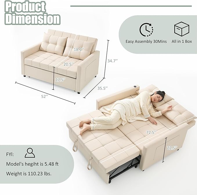 GOSUHI 52" Sleeper Sofa with Pull-Out Bed, 3-in-1 Convertible Sofa Bed, Loveseat with Stepless Adjustable Backrest and Side Pocket, for Living Room Dorm Apartment, Linen, Beige