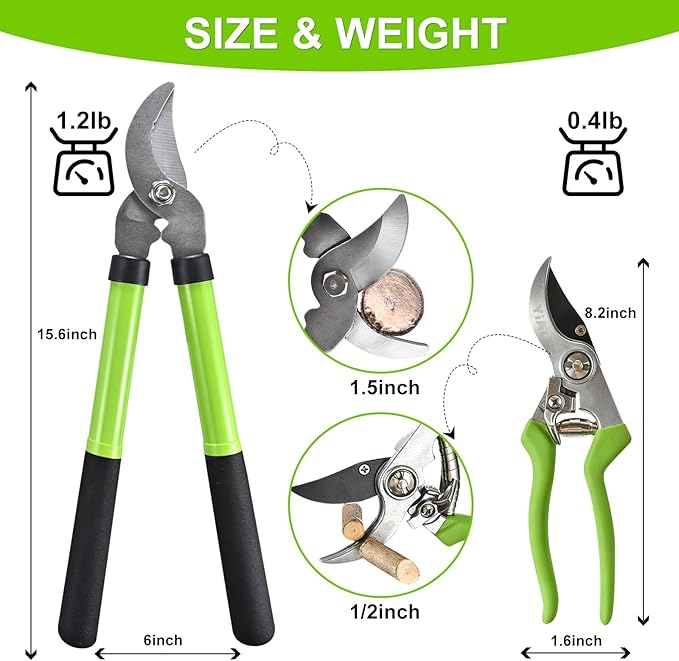 YIAD Garden Shears Set, Pruning Shears & Steel Blade Loppers for Gardening, 1.5-Inch Cutting Capacity Labor Saving Tree Trimmer, Heavy Duty Garden Clippers for Branch, Shrub, Plant, Flowers