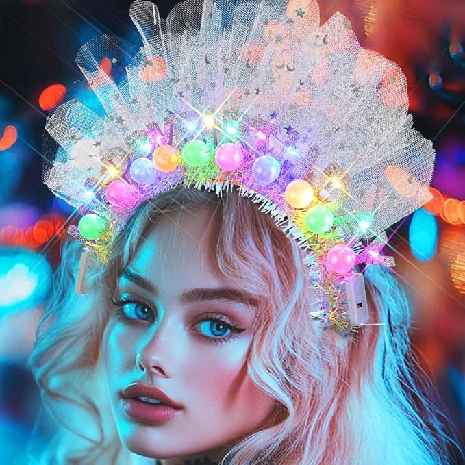 GENBREE Light Up Birthday Crown Headband Glowing Rave Party Hair Accessories for Women