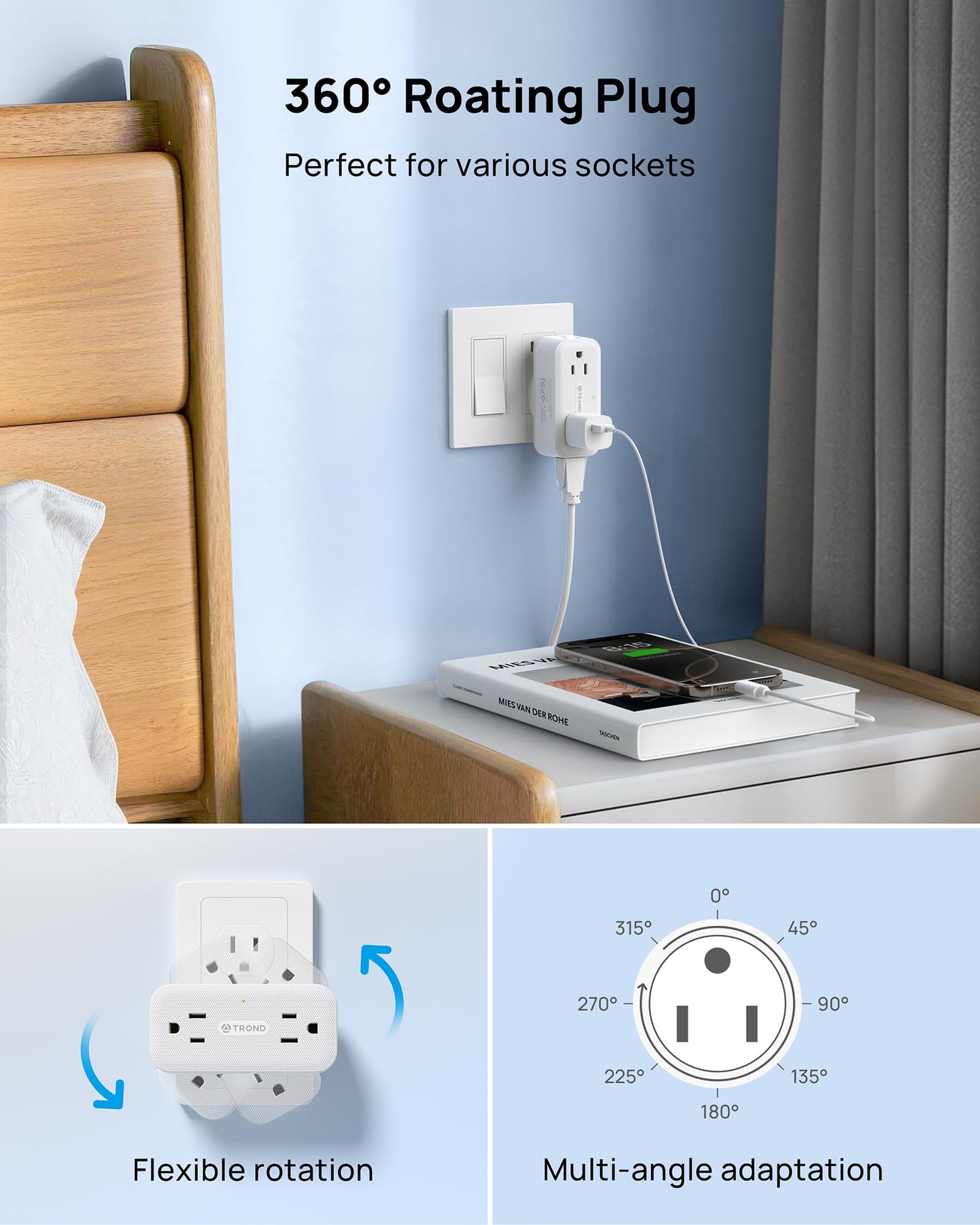 Trond 360 Rotating Outlet Extender 2 Pack, 4 Ac Plug Adapter, 900 Joules Surge Protection, 3 Way Charging Station, Multi Plug Wa
