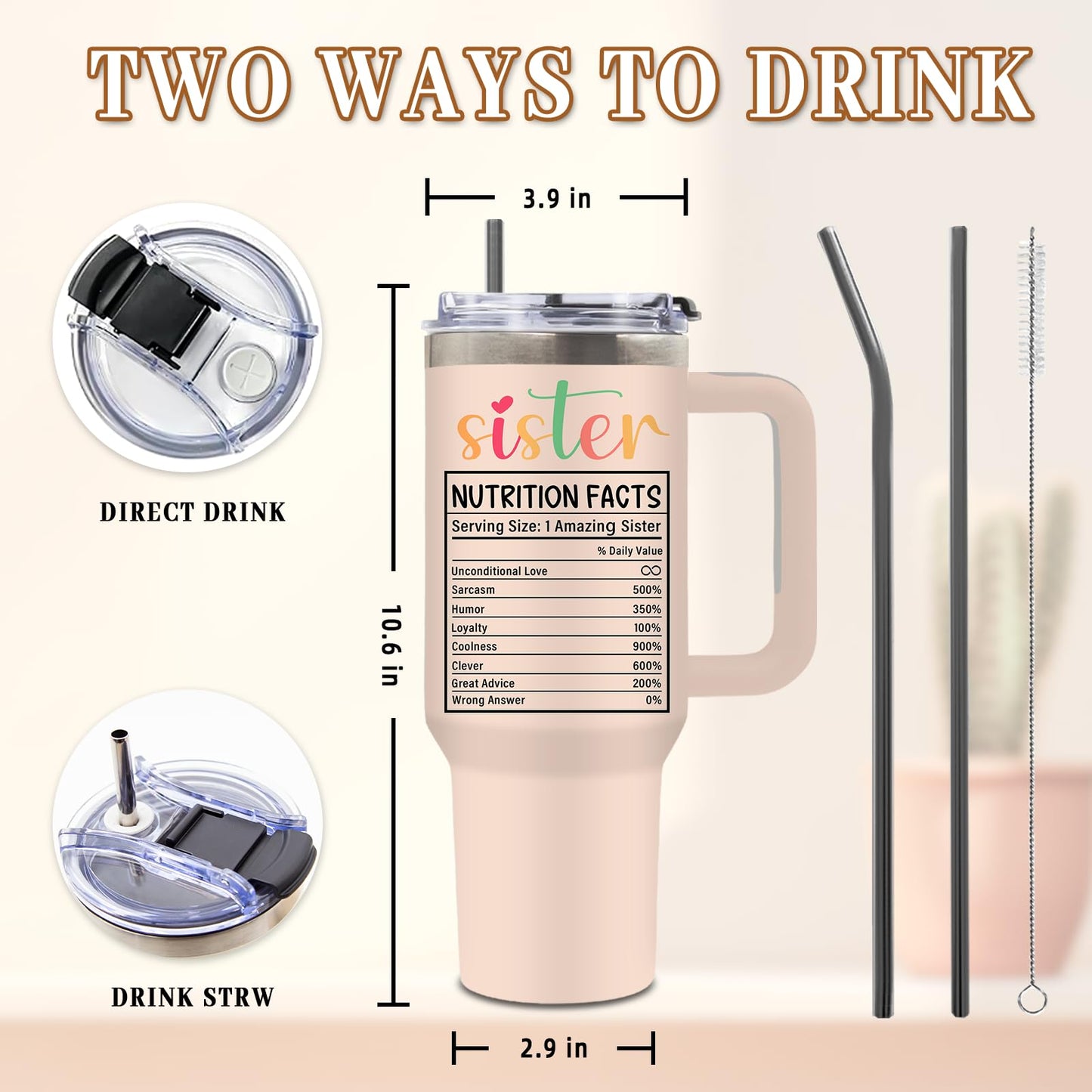 DUUV Sister Birthday Gifts, Sisters Gifts from Sister Tumbler 40 Oz, Birthday Gift for Soul Sisters BFF Bestie Friends, 40 Oz Tumbler with Handle Lid and Straw, 1PCS